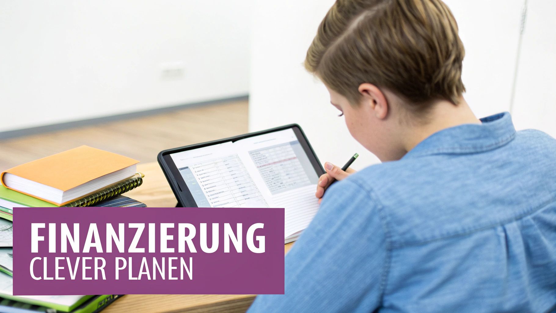 Junge Person plant Finanzen, schreibt in Notizbuch, nutzt Tablet und studiert am Tisch mit Büchern.
