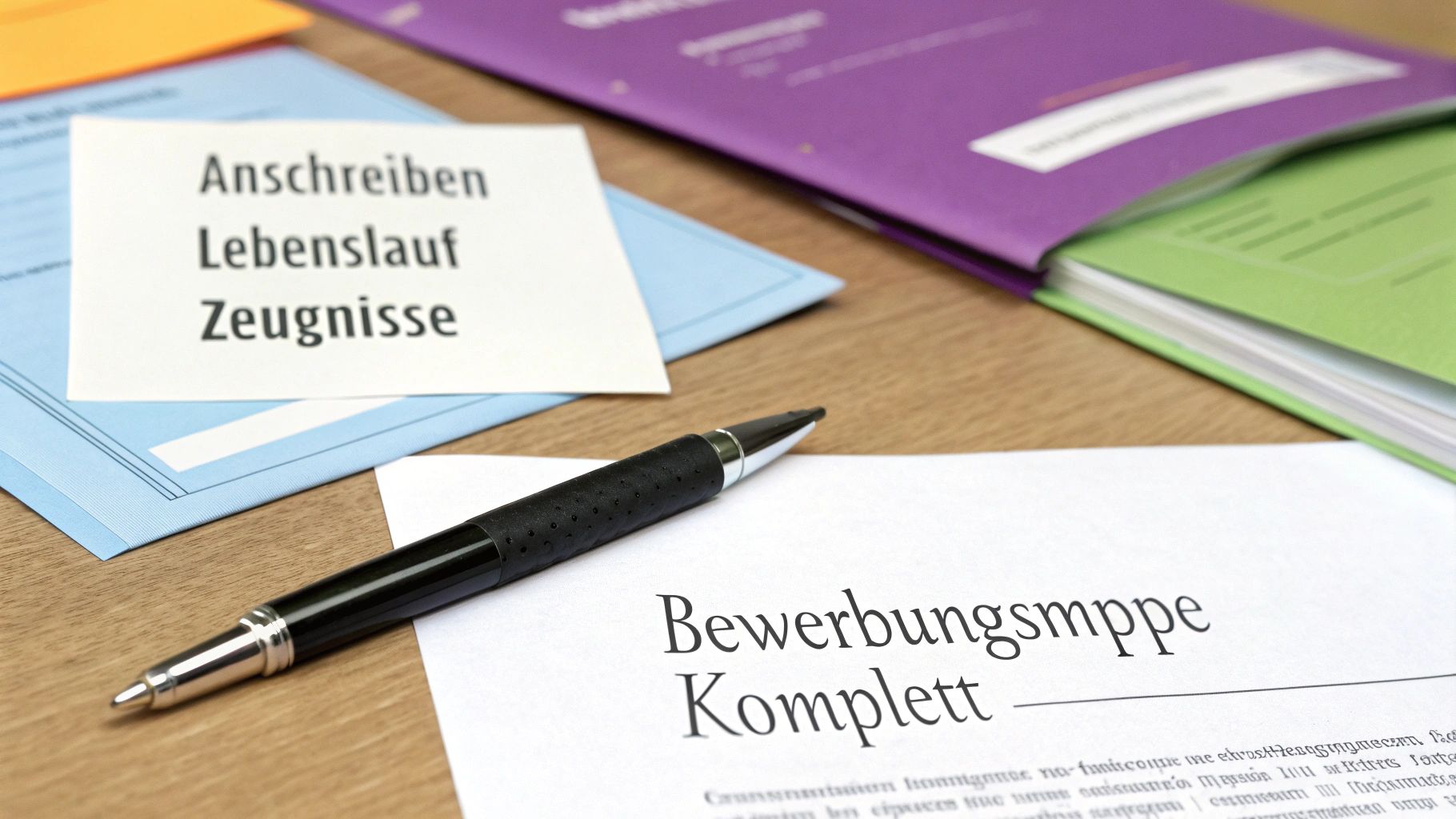 Dokumente für eine Bewerbung, darunter Anschreiben, Lebenslauf und Zeugnisse, auf einem Holztisch mit Stift und Mappen.