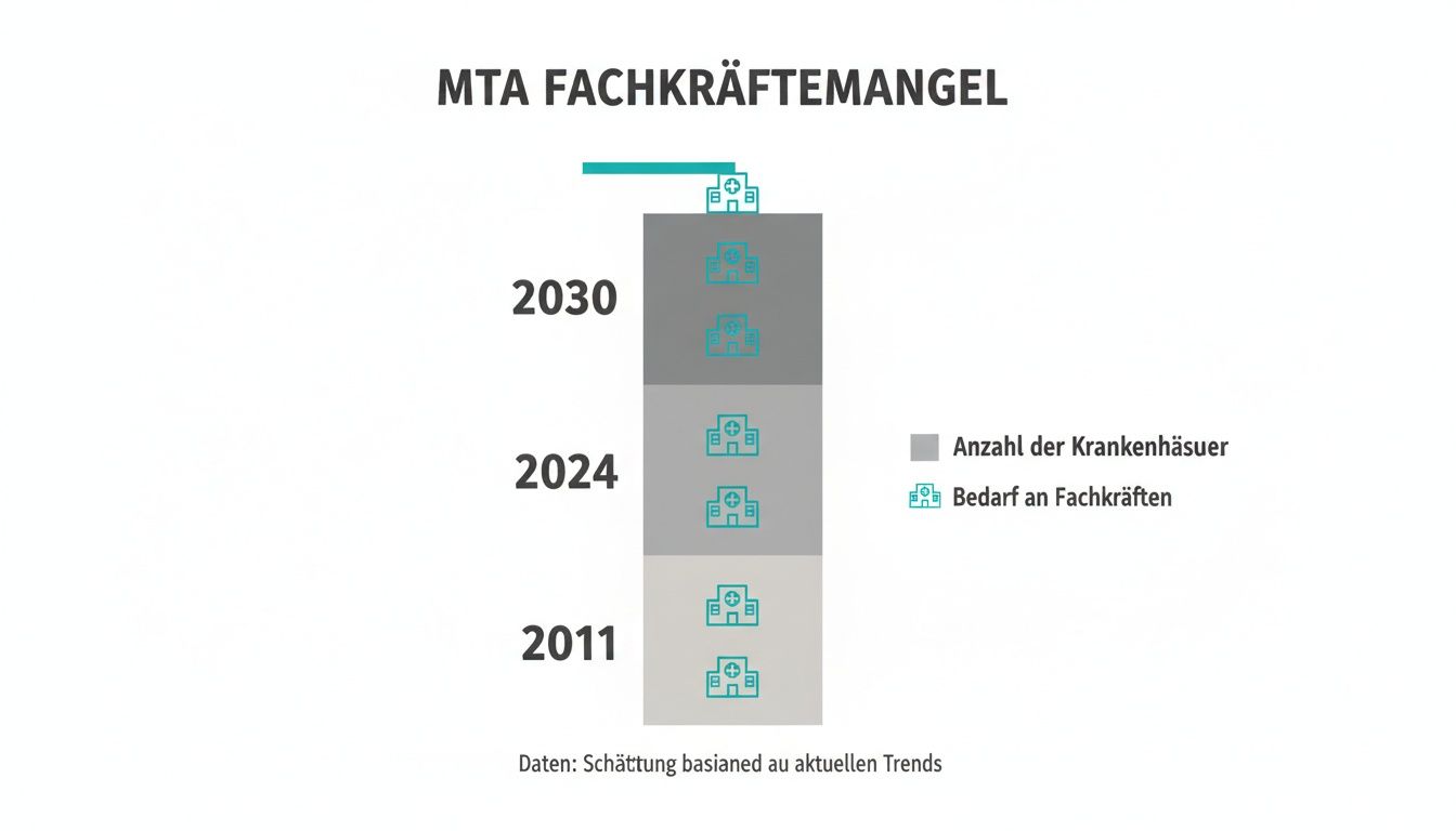 Grafik zum MTA-Fachkräftemangel: Entwicklung von Krankenhäusern und Fachkräftebedarf in den Jahren 2011, 2024 und 2030.