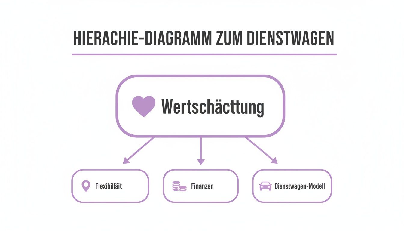 Hierarchie-Diagramm zum Dienstwagen, das Wertschätzung als Kernkonzept darstellt, unterteilt in Flexibilität, Finanzen und Modelloptionen.