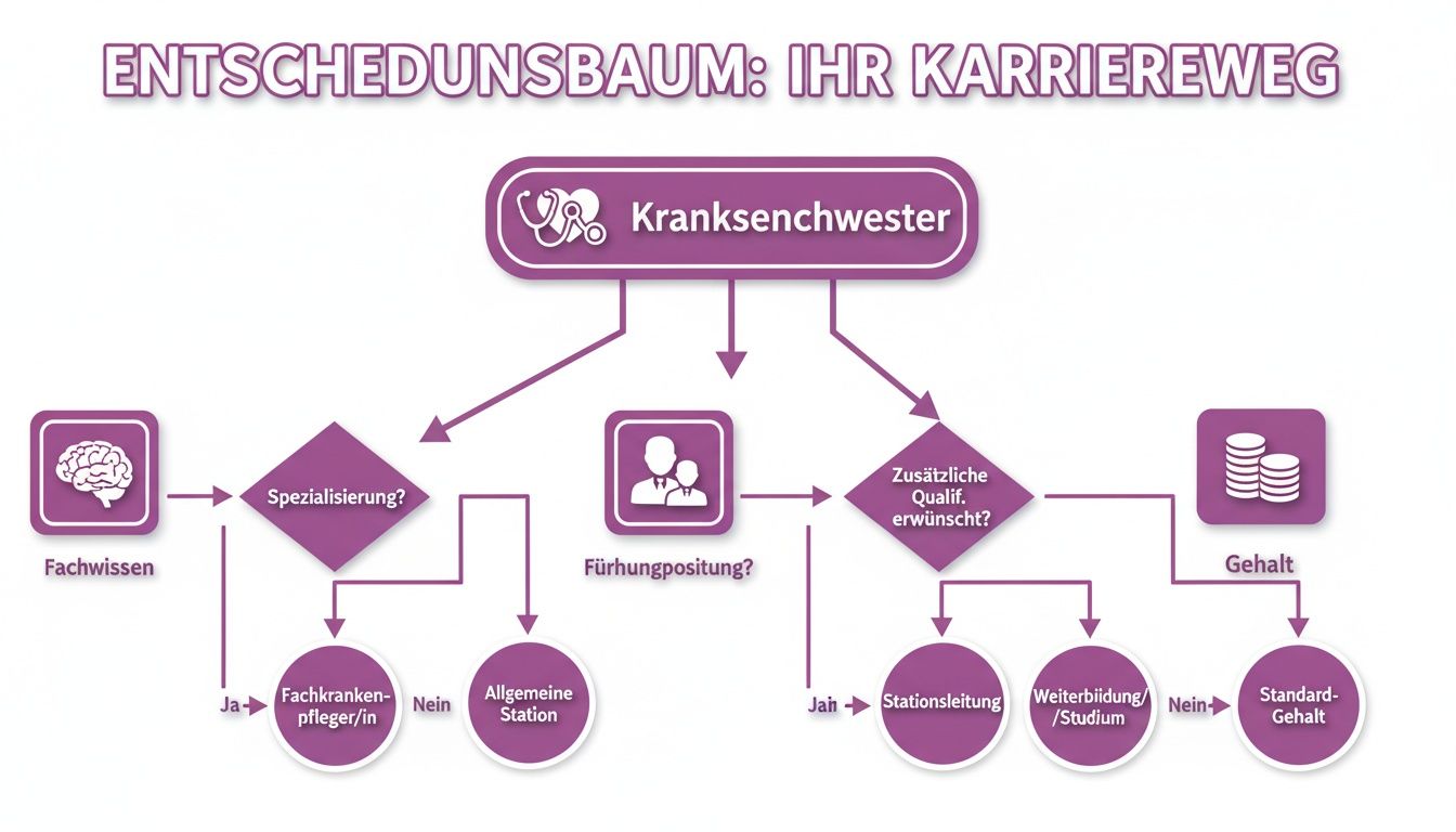 Entscheidungsbaum für den Karriereweg einer Krankenschwester, der Spezialisierung, Führung und Weiterbildung berücksichtigt.