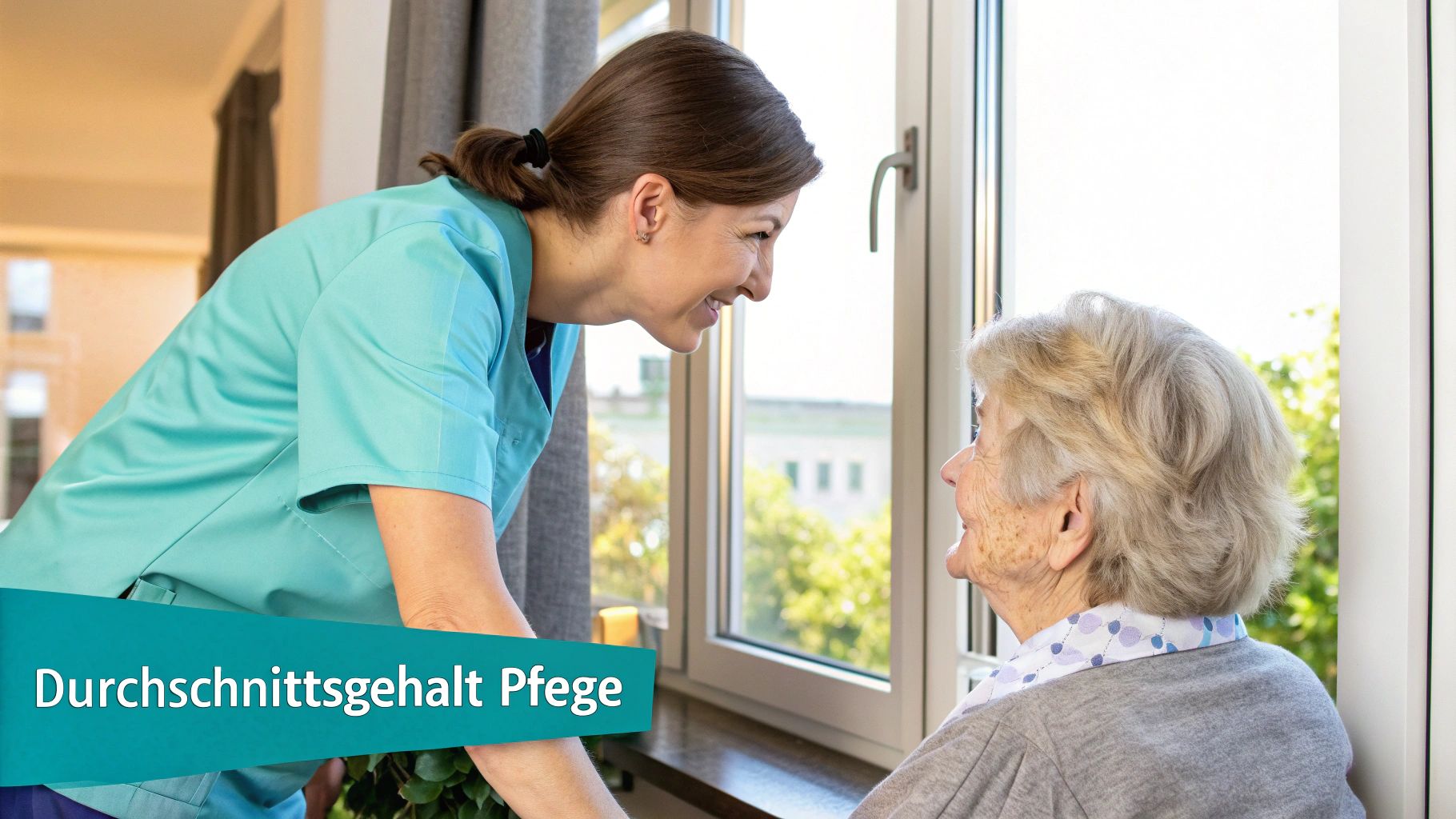 Eine lächelnde Pflegekraft im Gespräch mit einer älteren Frau am Fenster, unterstreicht das Thema Durchschnittsgehalt Pflege.
