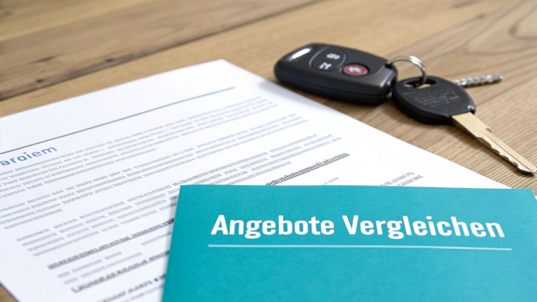 Ein Autoschlüssel liegt neben einem Vertrag und einem Dokument mit der Aufschrift 'Angebote Vergleichen' auf einem Holztisch.