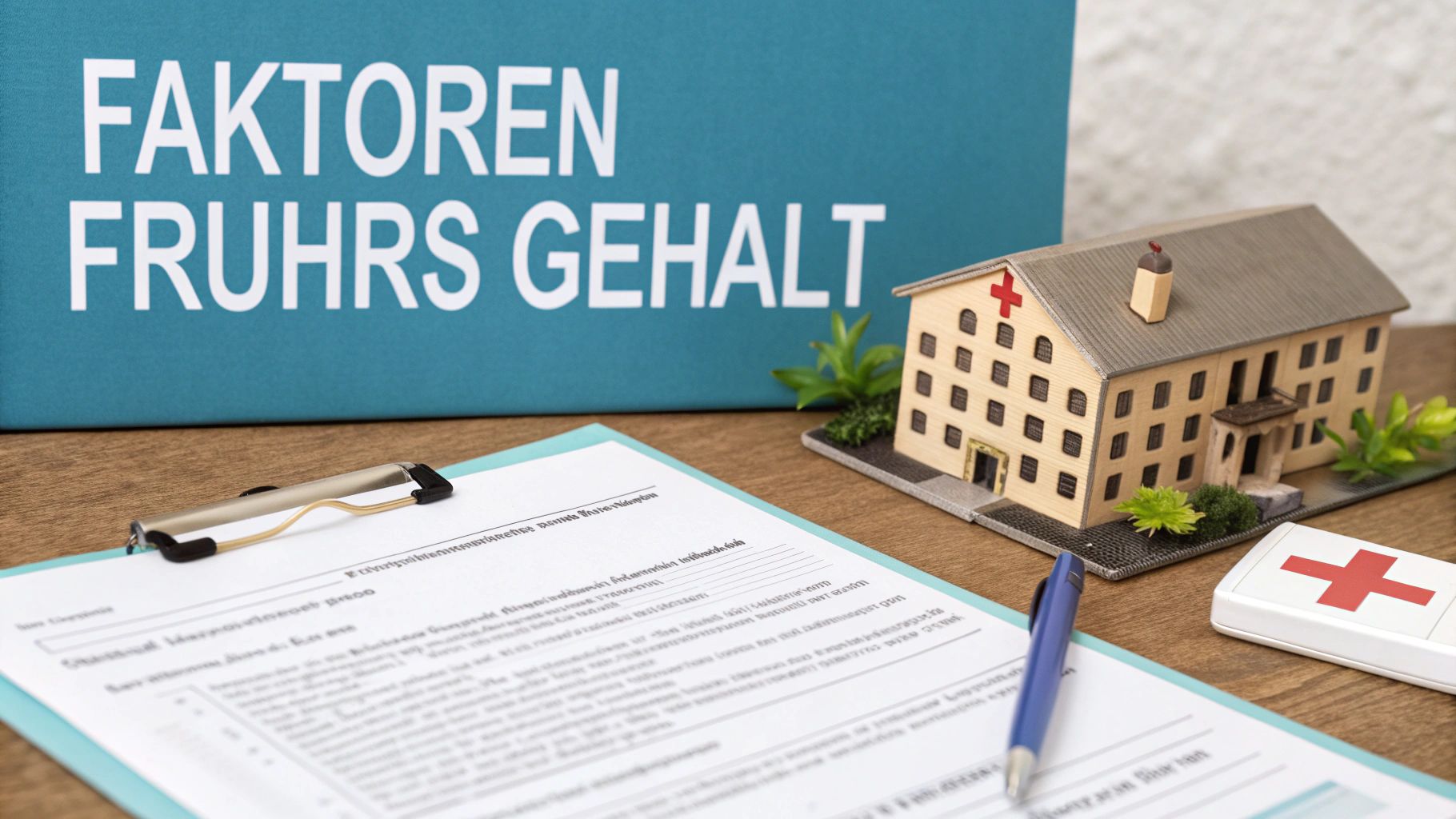 Blauer Ordner mit Aufschrift 'FAKTOREN FRUHRS GEHALT', Krankenhausmodell, Dokumenten und Erste-Hilfe-Kasten.