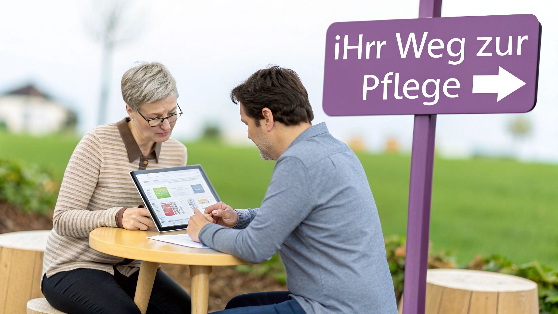 Zwei Personen betrachten gemeinsam ein Tablet an einem Tisch im Freien, neben einem Wegweiser zum Thema Pflege.