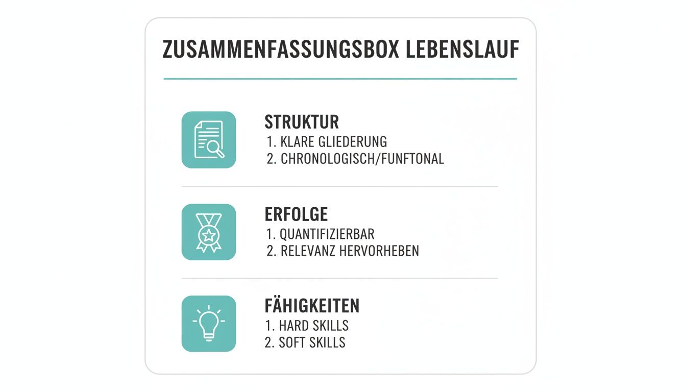 Zusammenfassungsbox für einen Lebenslauf mit Abschnitten zu Struktur, Erfolgen und Fähigkeiten.