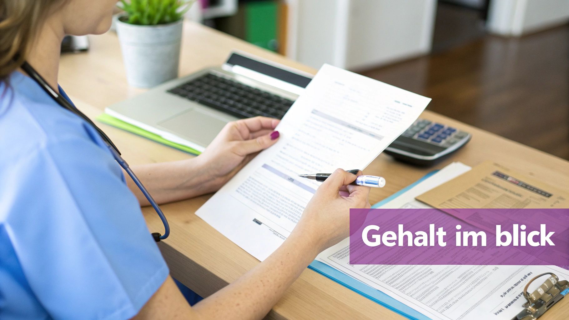 Eine Person in blauer Arbeitskleidung überprüft Gehaltsunterlagen und Notizen an einem Schreibtisch.