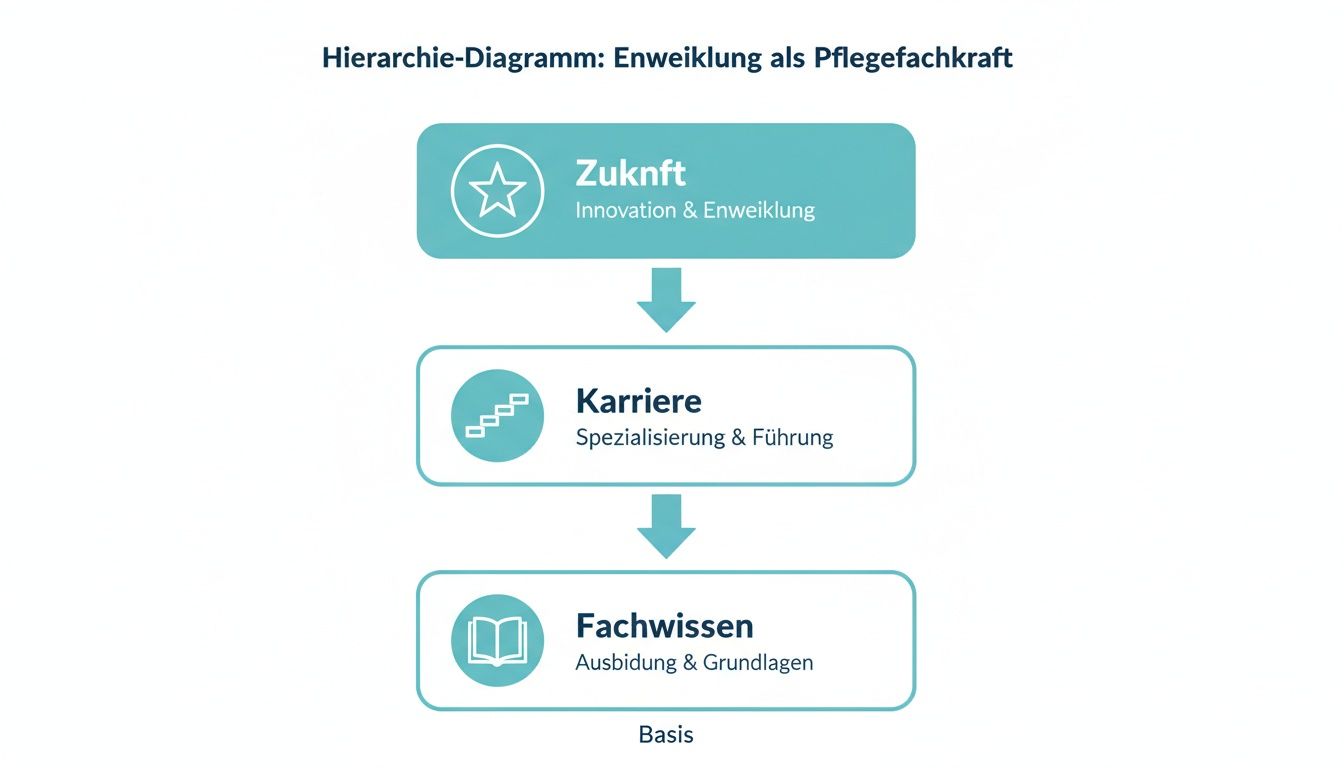 Hierarchie-Diagramm zur beruflichen Entwicklung als Pflegefachkraft, von Fachwissen über Karriere bis zur Zukunft.
