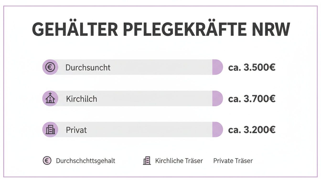 Infografik zeigt Gehälter von Pflegekräften in NRW, aufgeteilt nach Durchschnitt, kirchlichen und privaten Trägern.