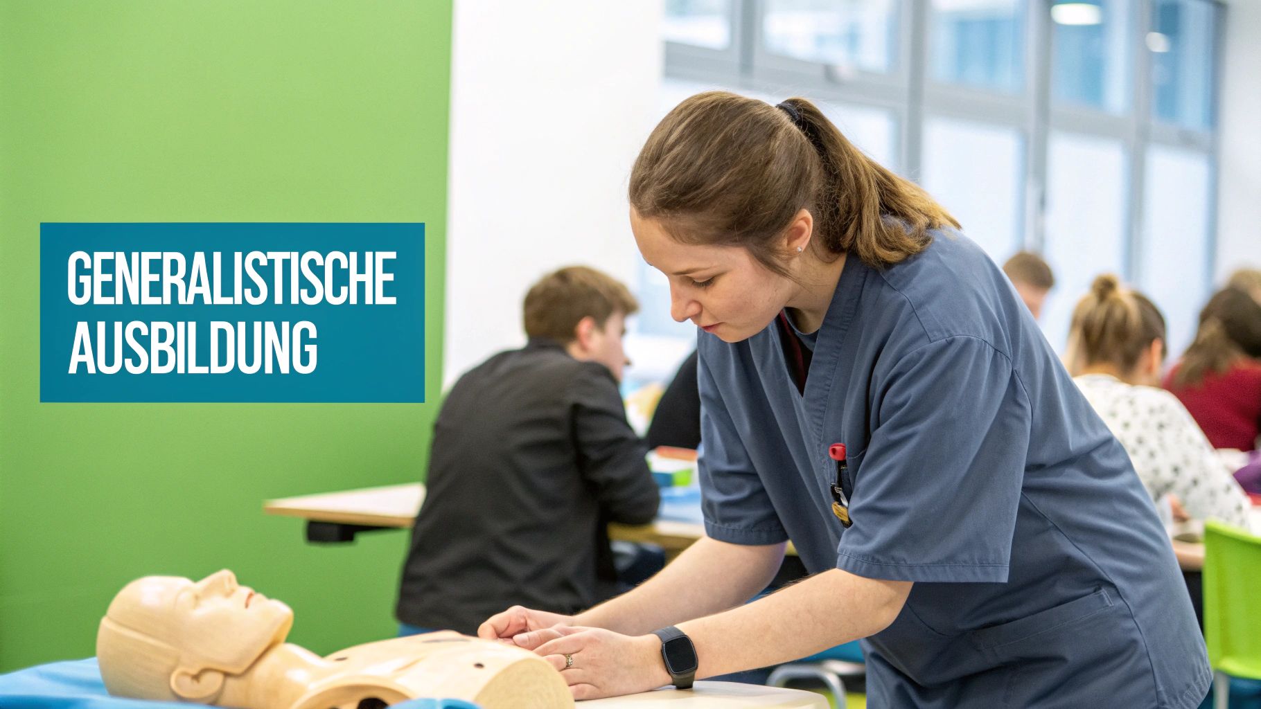 Junge Frau in Pflegeuniform übt medizinische Fertigkeiten an einer Übungspuppe in einem Klassenzimmer.