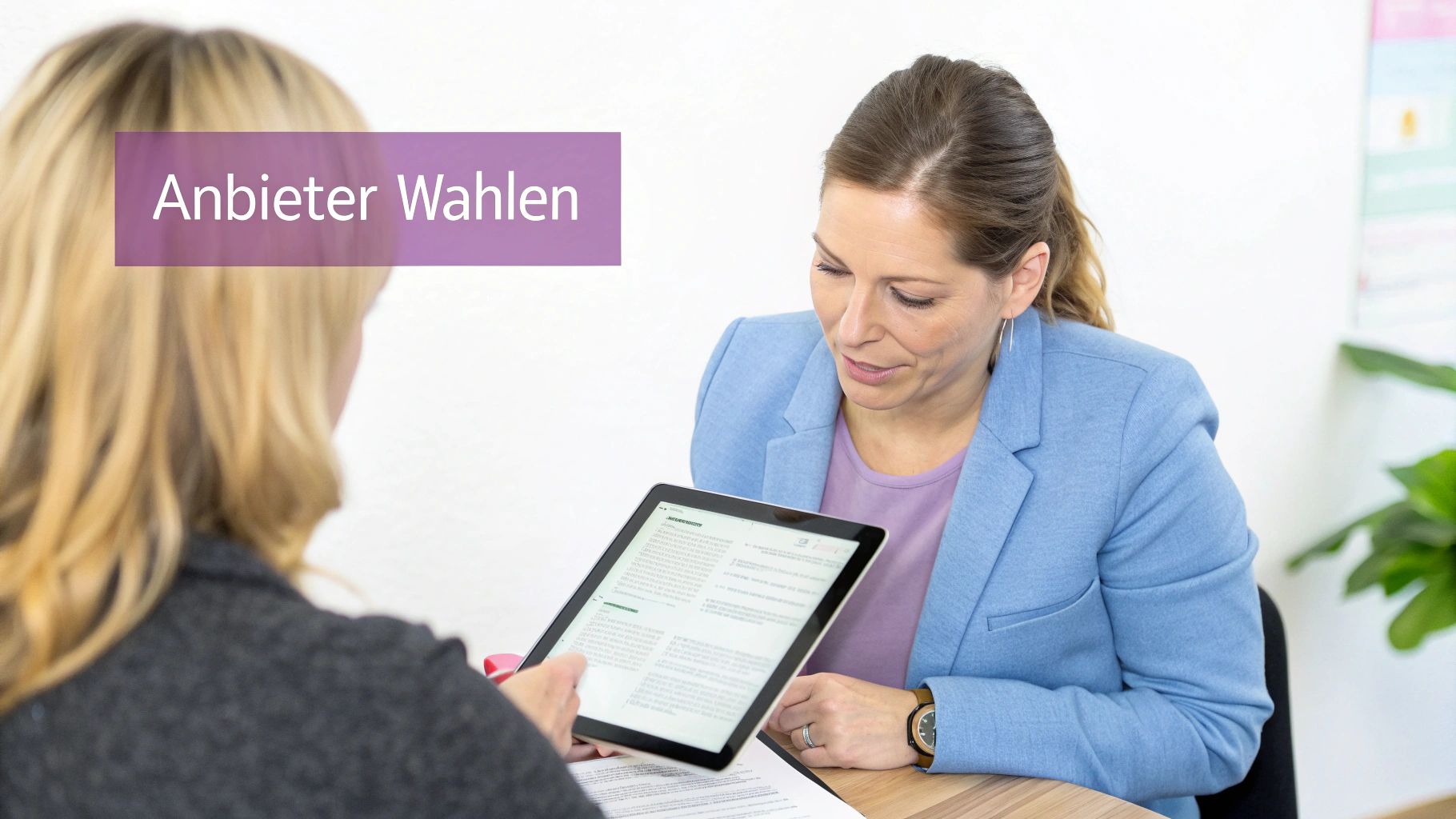 Eine Frau zeigt einer anderen Informationen auf einem Tablet zum Thema "Anbieter Wählen".