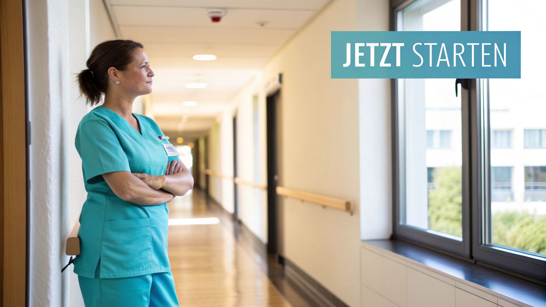 Eine Krankenschwester in türkisen Kasacks steht nachdenklich im Flur eines Krankenhauses und blickt aus dem Fenster.