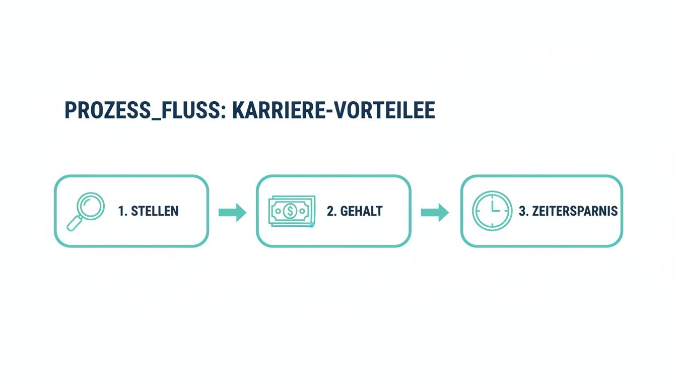 Ein Flussdiagramm mit drei Schritten zur Erklärung von Karrierevorteilen: Stellen finden, Gehalt steigern und Zeit sparen.