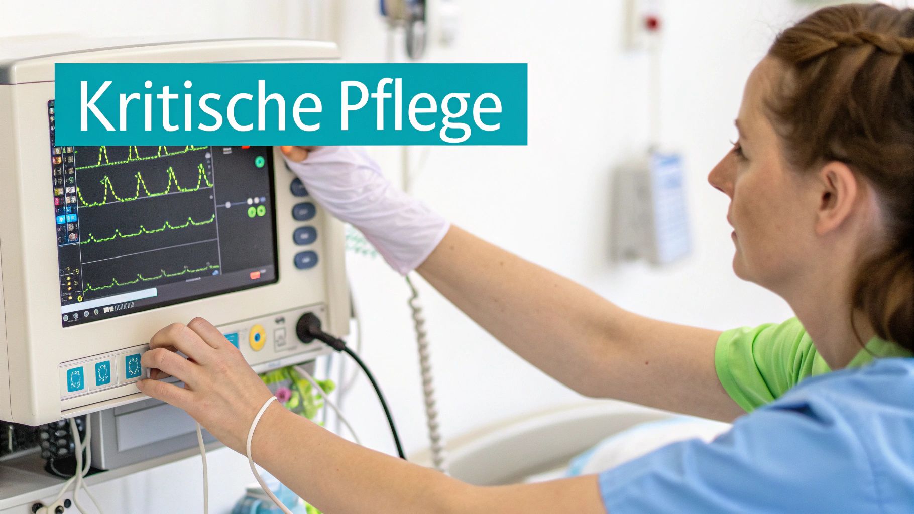Krankenschwester passt einen medizinischen Monitor mit Vitalzeichen an, mit Text „Kritische Pflege“.