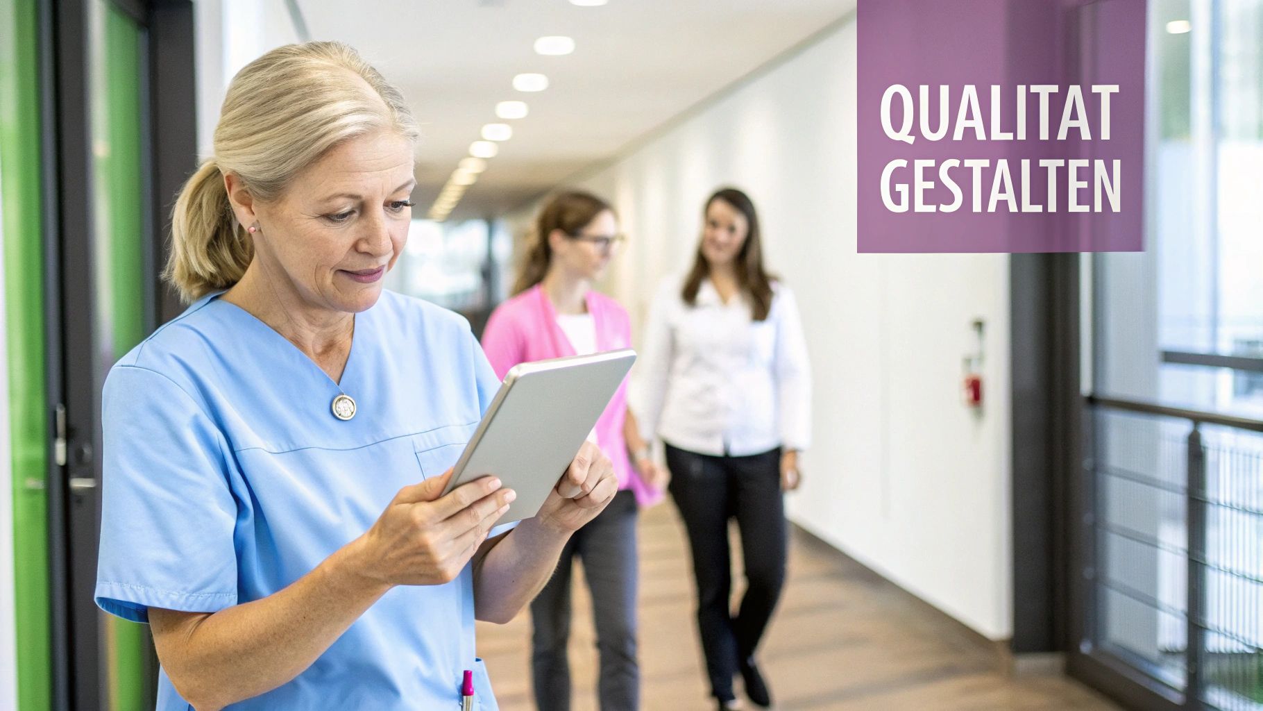 Ältere Pflegefachkraft nutzt Tablet im Krankenhausflur, symbolisiert Digitalisierung und Qualitätsmanagement in der Pflege.