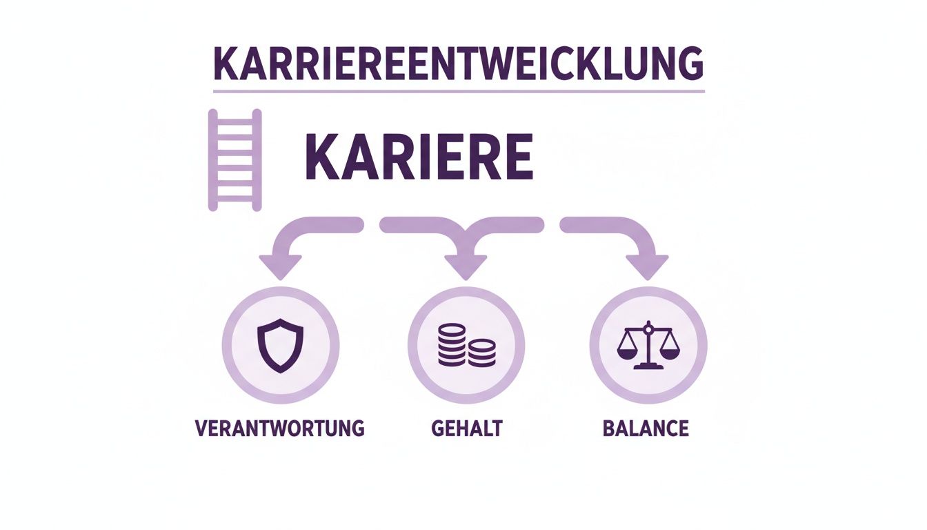 Infografik zur Karriereentwicklung mit Leiter, Verantwortung, Gehalt und Balance als wichtige Aspekte.