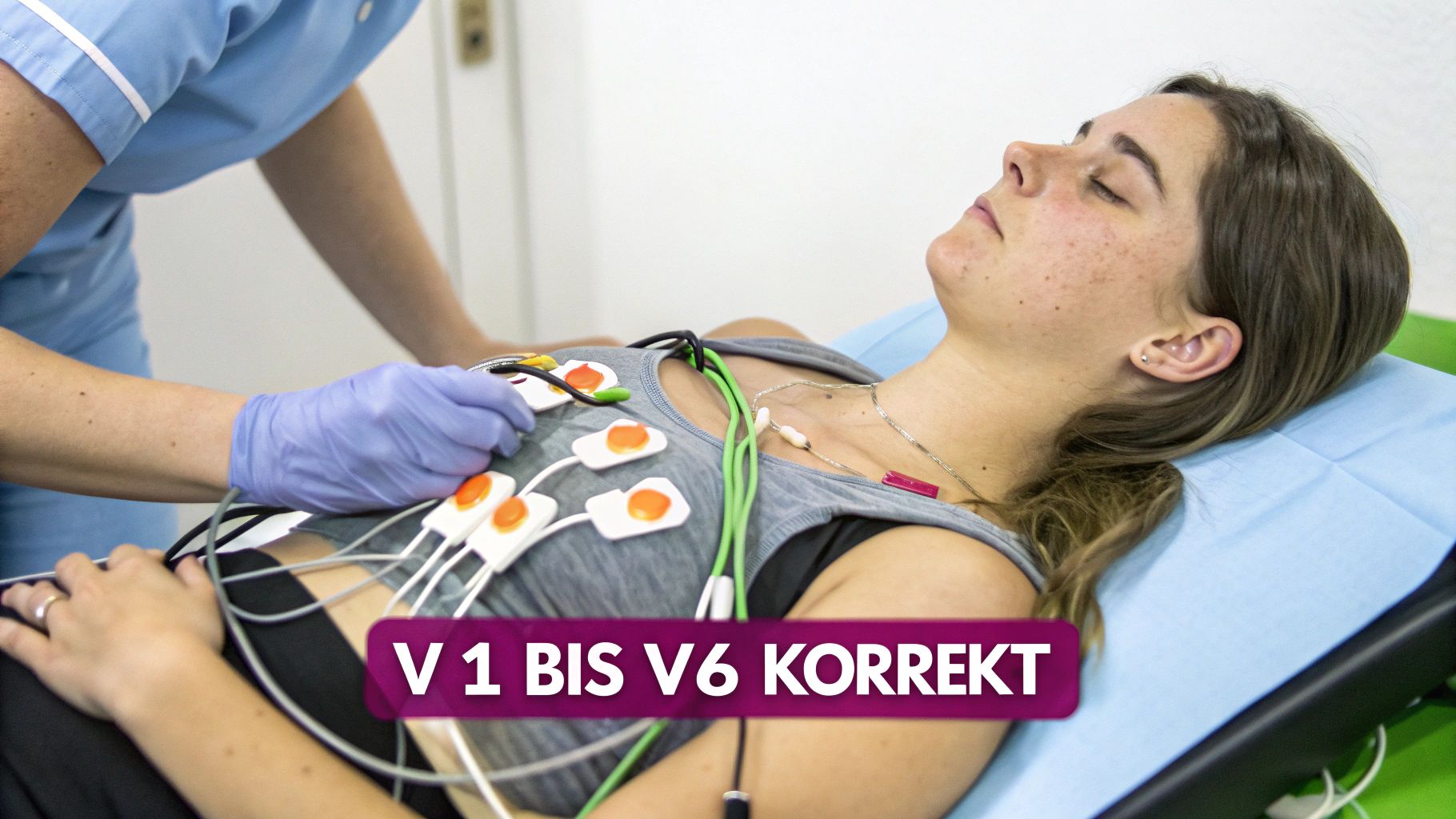 Eine medizinische Fachkraft legt EKG-Elektroden bei einer liegenden Patientin an, V1 bis V6 korrekt.