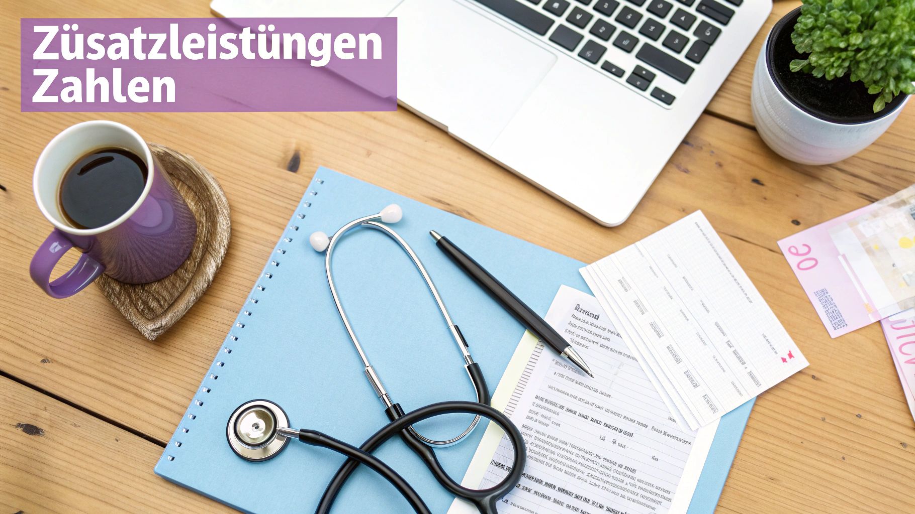 Ein Schreibtisch mit Stethoskop, Euroscheinen, Dokumenten, Laptop und Kaffee, der Gesundheitskosten und Zusatzleistungen symbolisiert.