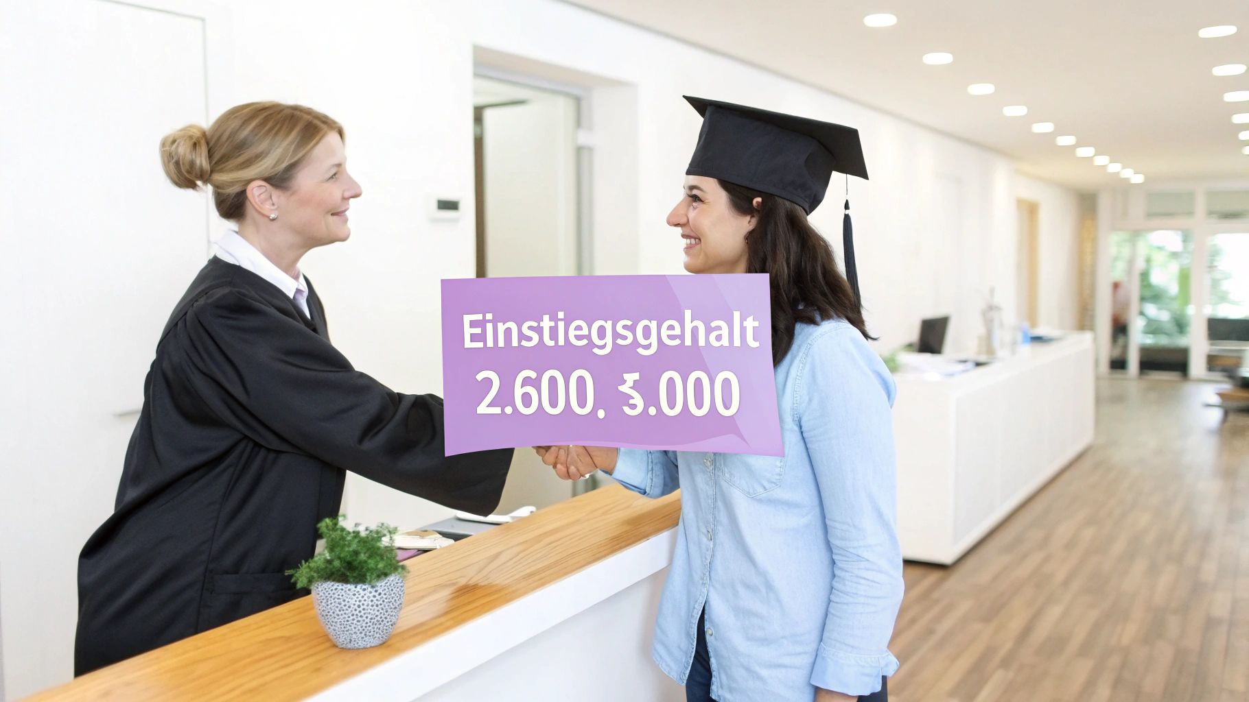 Junge Absolventin schüttelt Hände mit einer Repräsentantin für einen Berufsstart und Einstiegsgehalt.