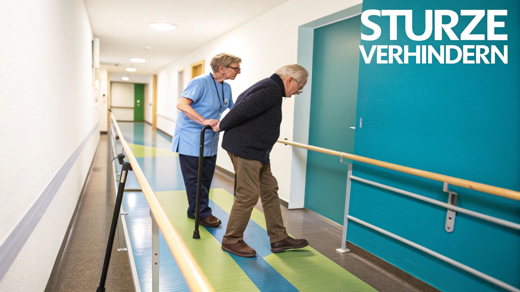 Eine Krankenschwester hilft einem älteren Mann mit Gehhilfe, sicher einen Flur entlangzugehen, um Stürze zu verhindern.