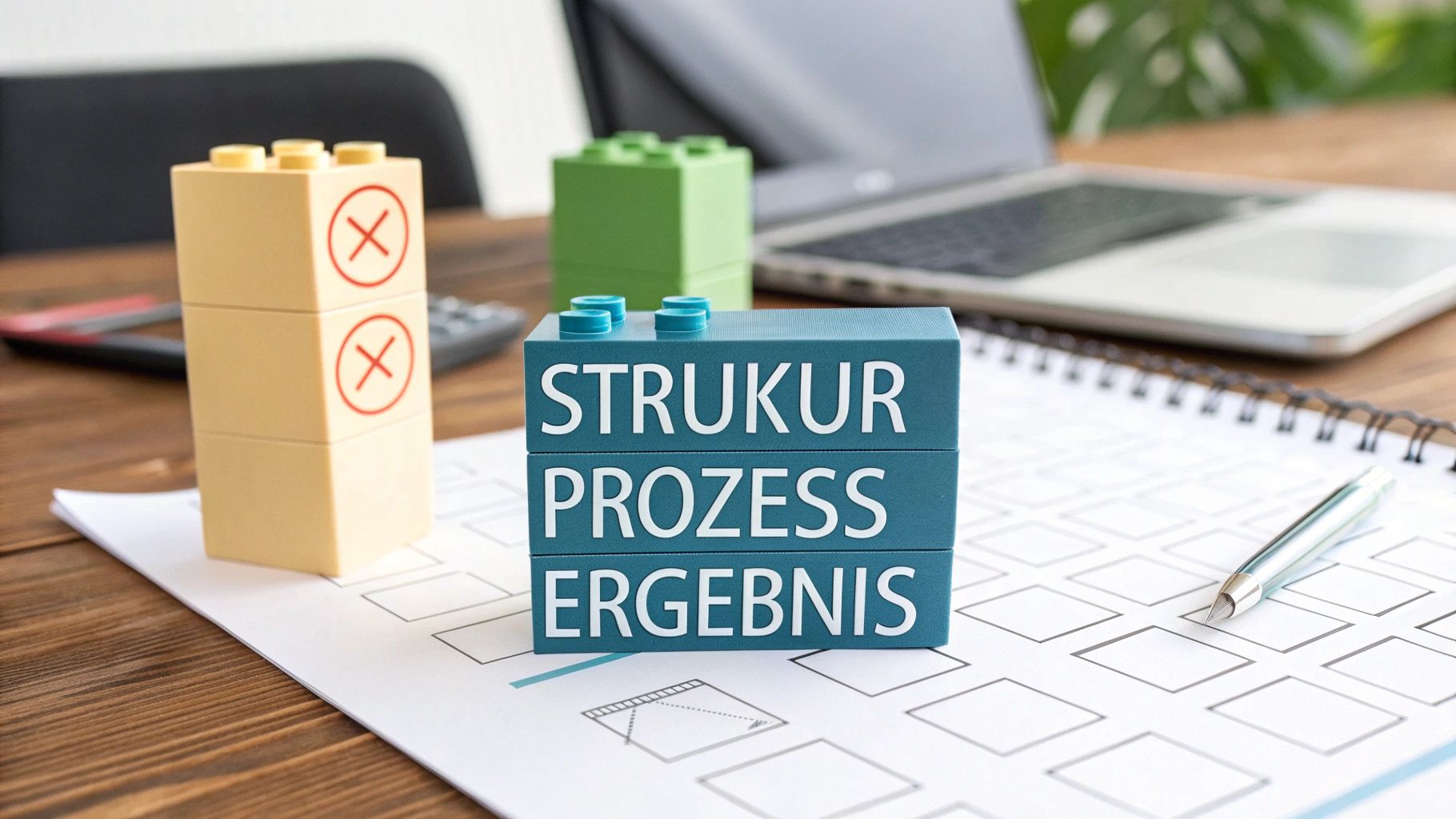 Blaue Bausteine mit den Wörtern Struktur, Prozess, Ergebnis auf einem Schreibtisch neben anderen Bausteinen und einem Notizbuch.