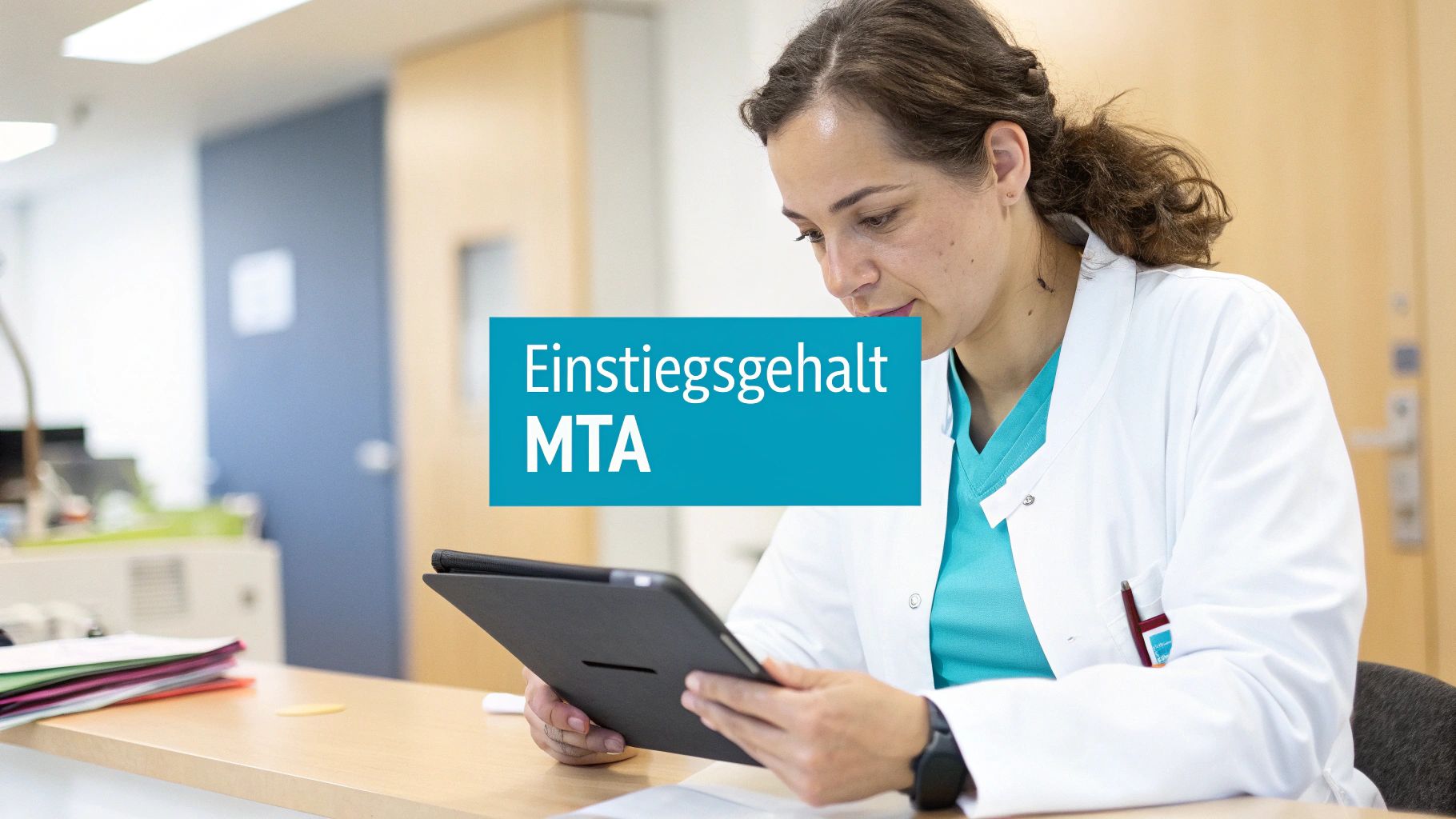Eine medizinisch-technische Assistentin (MTA) in weißem Kittel und blauem Shirt schaut auf ein Tablet. Der Text 'Einstiegsgehalt MTA' ist überlagert.