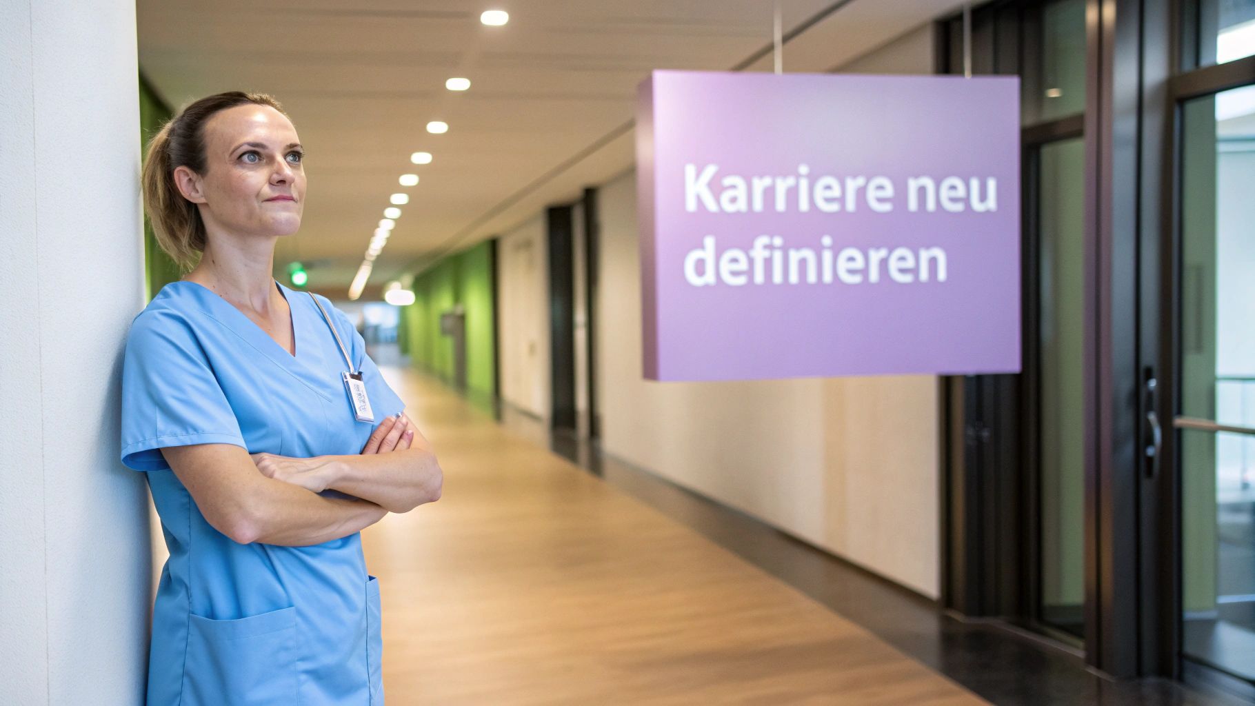 Nachdenkliche Krankenschwester in blauem Kasack lehnt im Krankenhausflur an einer Wand und blickt nach oben.