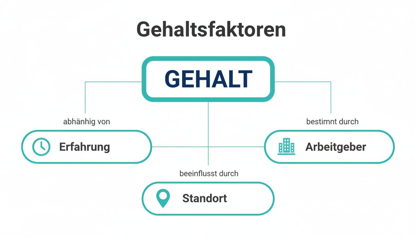 Infografik über Gehaltsfaktoren: Gehalt abhängig von Erfahrung, Arbeitgeber und Standort.