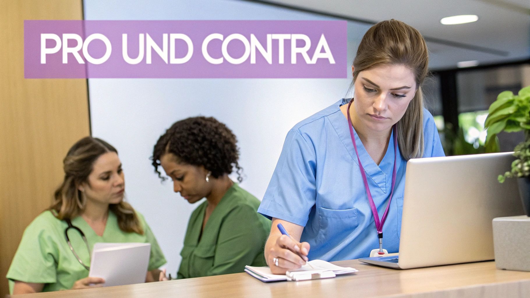 Eine Nahaufnahme von zwei Händen, die gemeinsam eine Liste mit Vor- und Nachteilen auf einem Klemmbrett durchgehen.