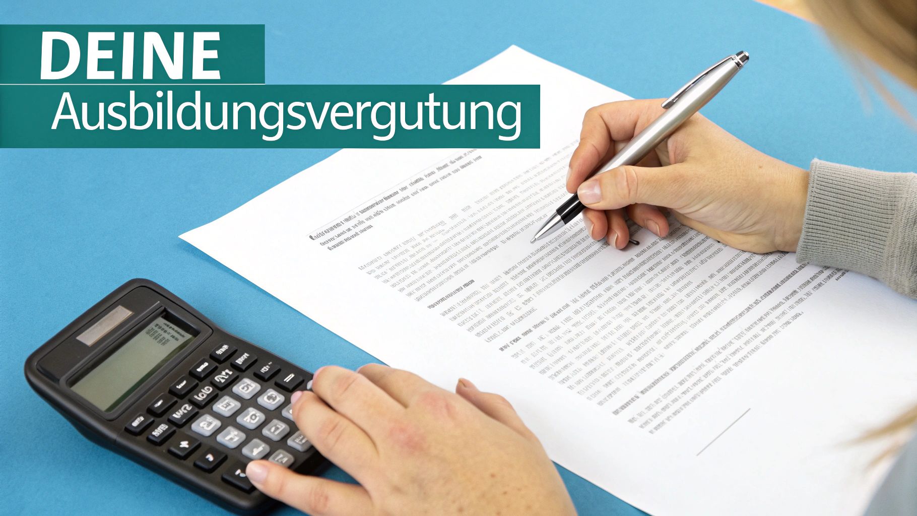 Hände tippen auf einem Taschenrechner und schreiben auf einem Dokument, mit Text 'DEINE Ausbildungsvergütung' im Bild.