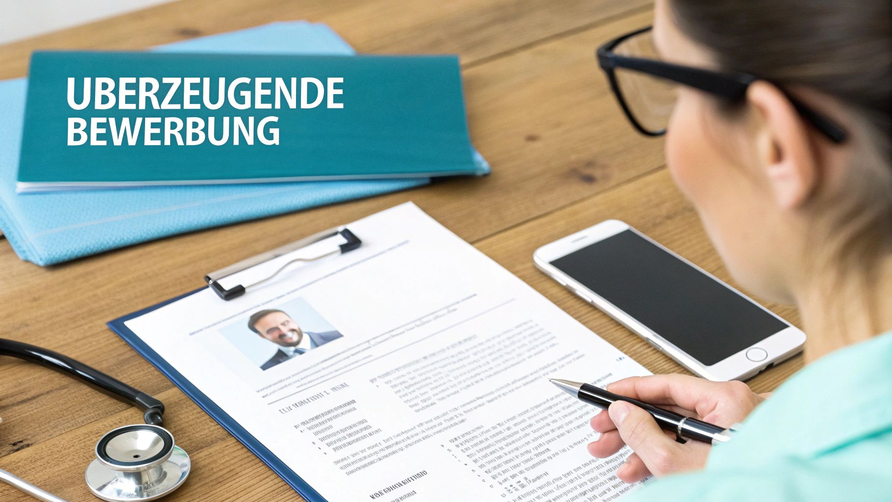 Person mit Stethoskop und Brille prüft Bewerbungsunterlagen mit dem Titel 'Überzeugende Bewerbung' auf einem Holztisch.