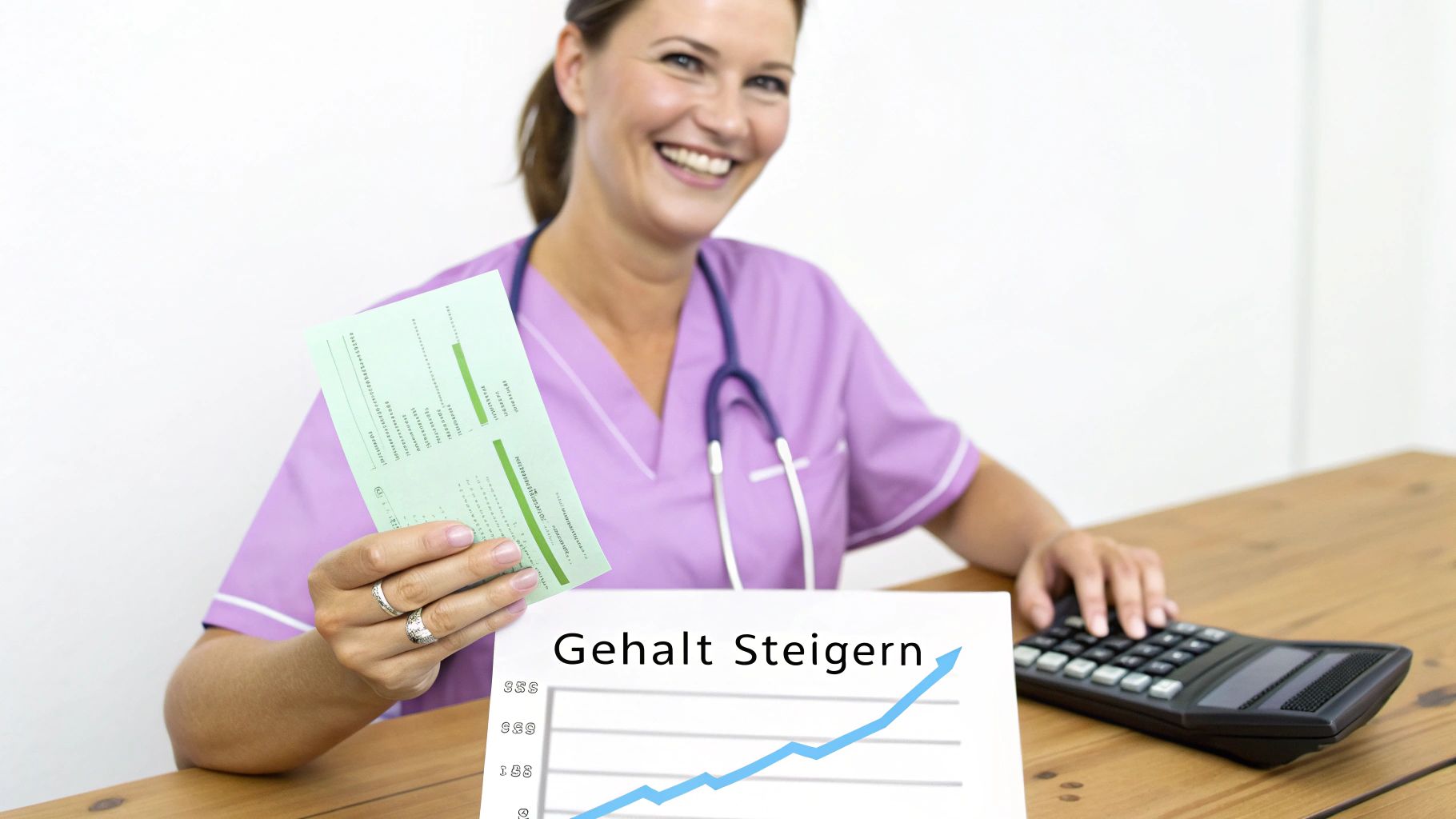 Glückliche Altenpflegerin mit Stethoskop und Dokument, blickt auf ein Gehaltssteigerungs-Diagramm und Taschenrechner.