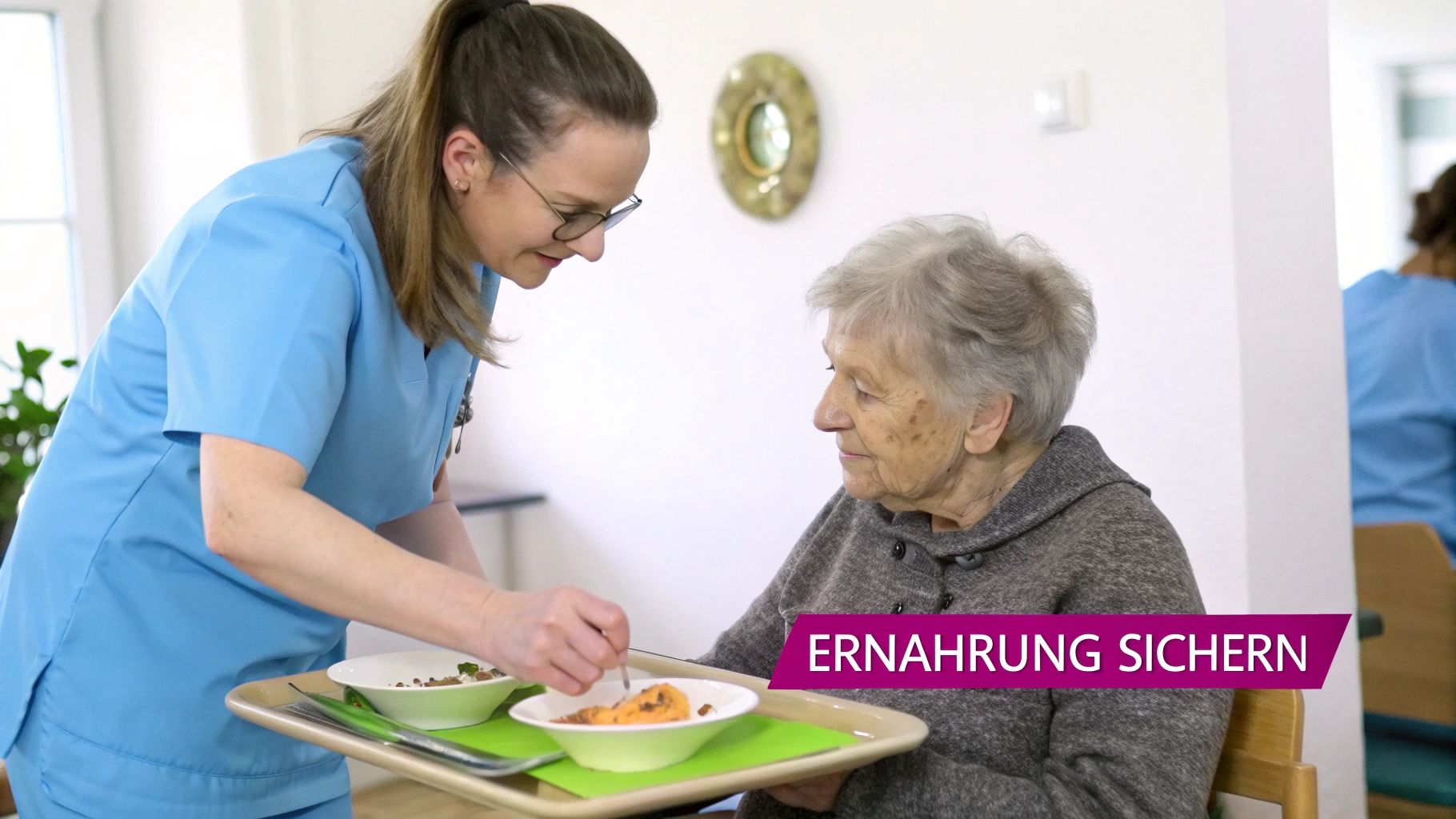 Eine Pflegekraft füttert liebevoll eine ältere Frau mit einer Mahlzeit von einem Tablett.