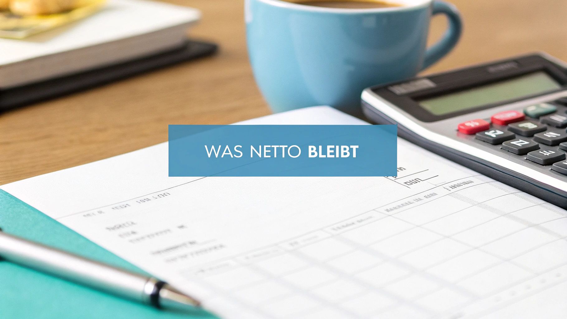 Arbeitsplatz mit Dokument, Stift, Taschenrechner und Kaffeetasse, darüber der Schriftzug 'WAS NETTO BLEIBT'.