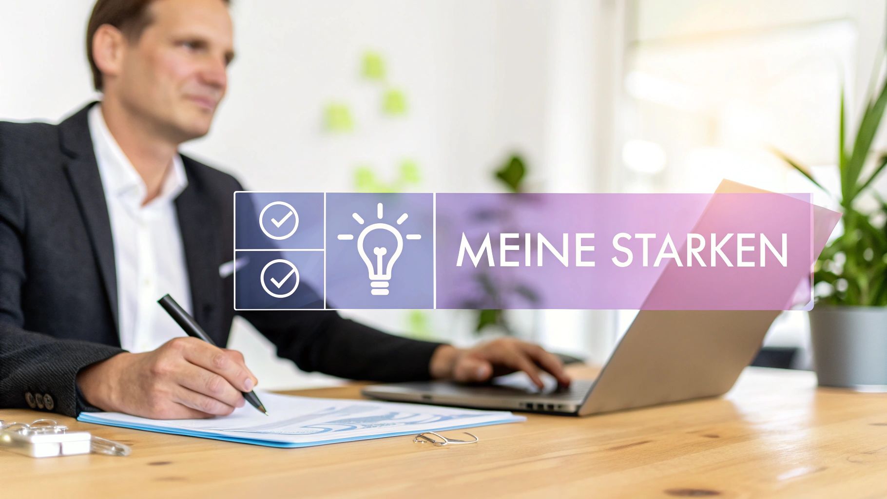 Ein Mann bewertet seine Stärken am Schreibtisch mit Laptop und Dokumenten. Texteinblendung: MEINE STÄRKEN.
