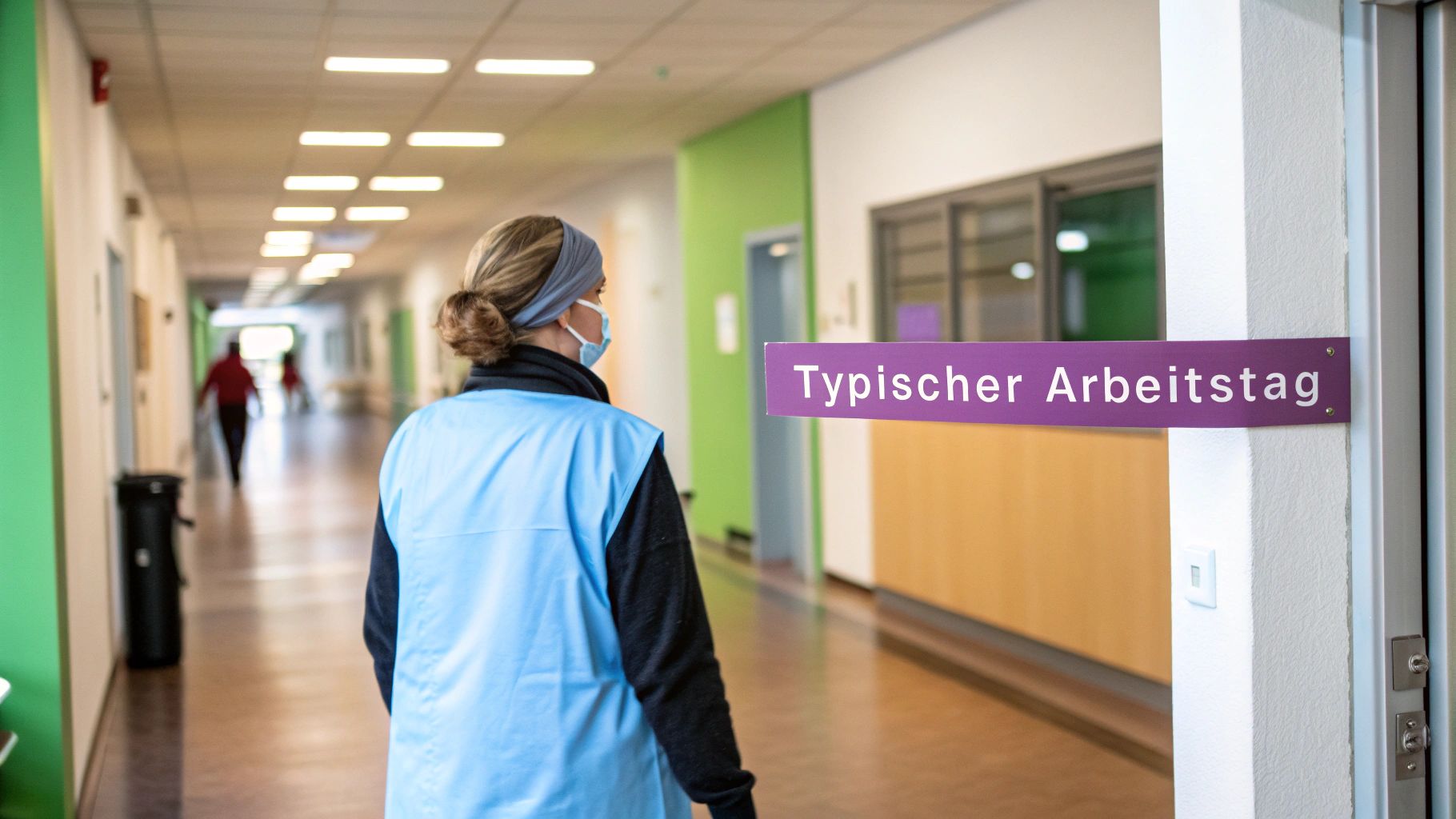 Eine Person mit Maske und blauer Weste geht einen hellen Flur entlang, daneben ein Schild 'Typischer Arbeitstag'.