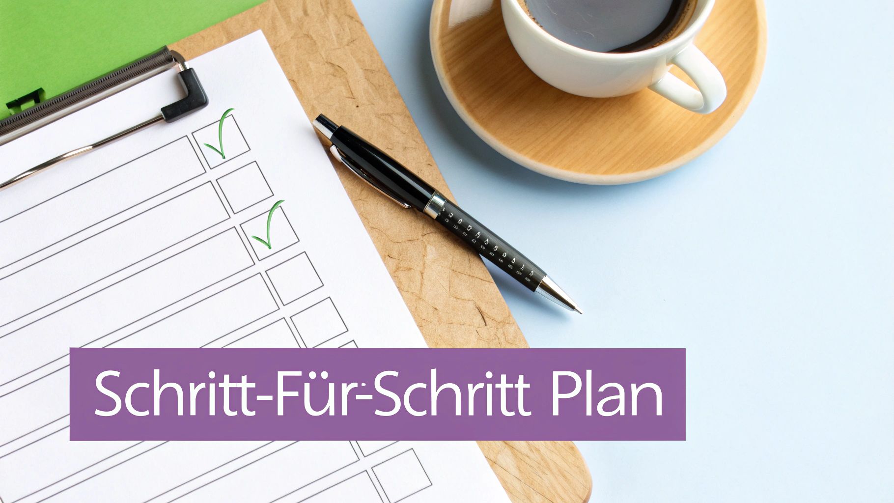 Eine Schritt-für-Schritt-Plan-Checkliste mit zwei Häkchen, einem Stift und einer Kaffeetasse, die Organisation symbolisiert.