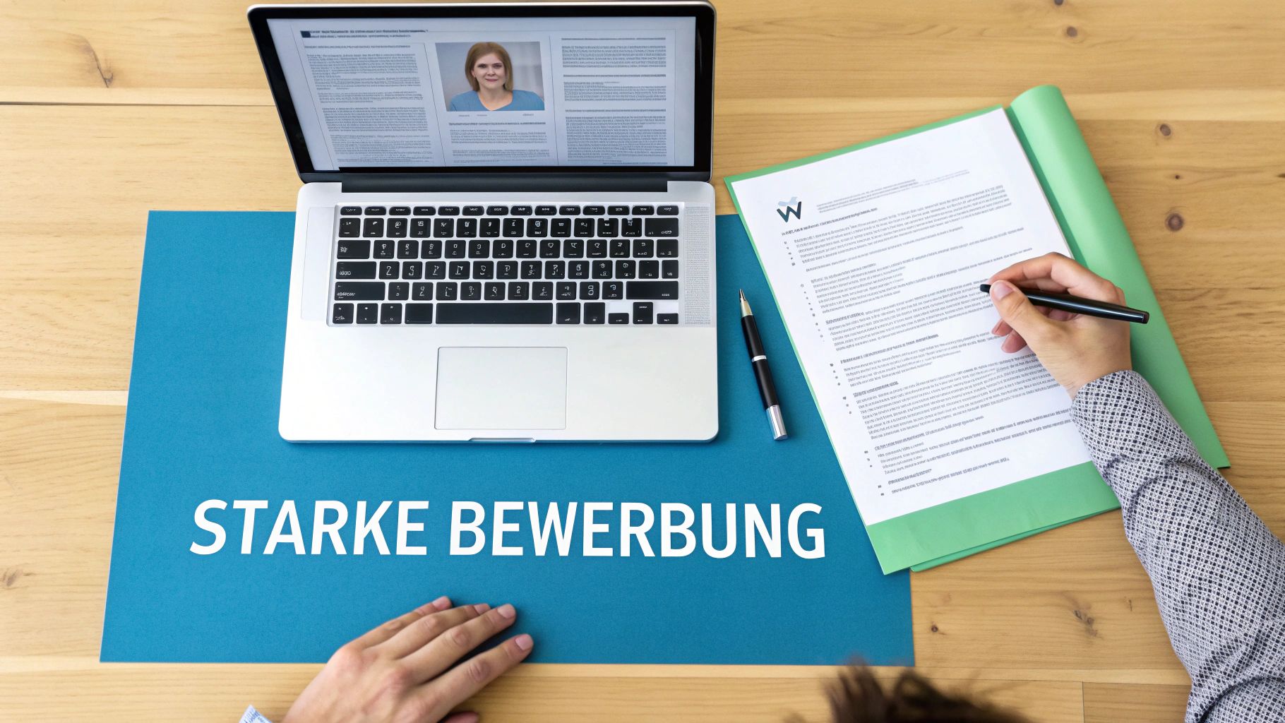 Person am Laptop mit Lebenslauf, daneben ein Bewerbungsdokument. Der Text 'STARKE BEWERBUNG' ist sichtbar.