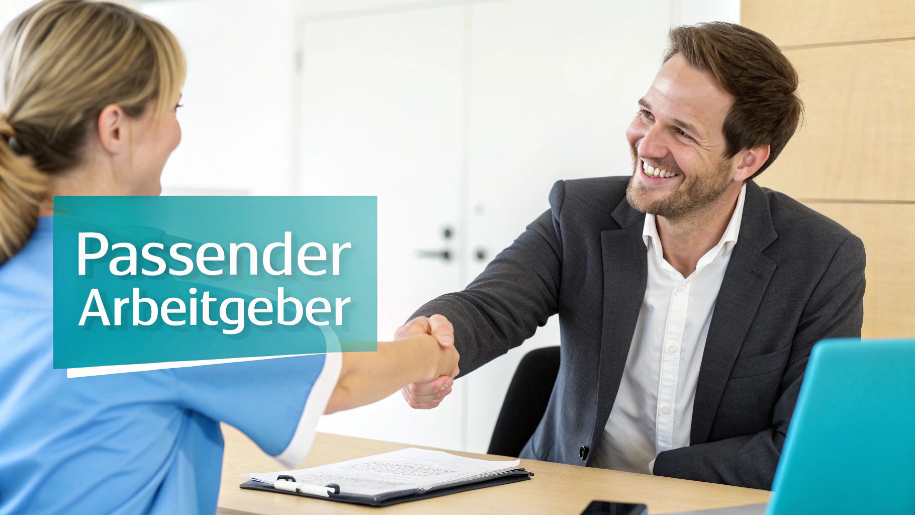 Eine lächelnde Frau in blauer Arbeitskleidung und ein Mann im Anzug schütteln sich die Hände. Im Vordergrund steht der Text 'Passender Arbeitgeber'.