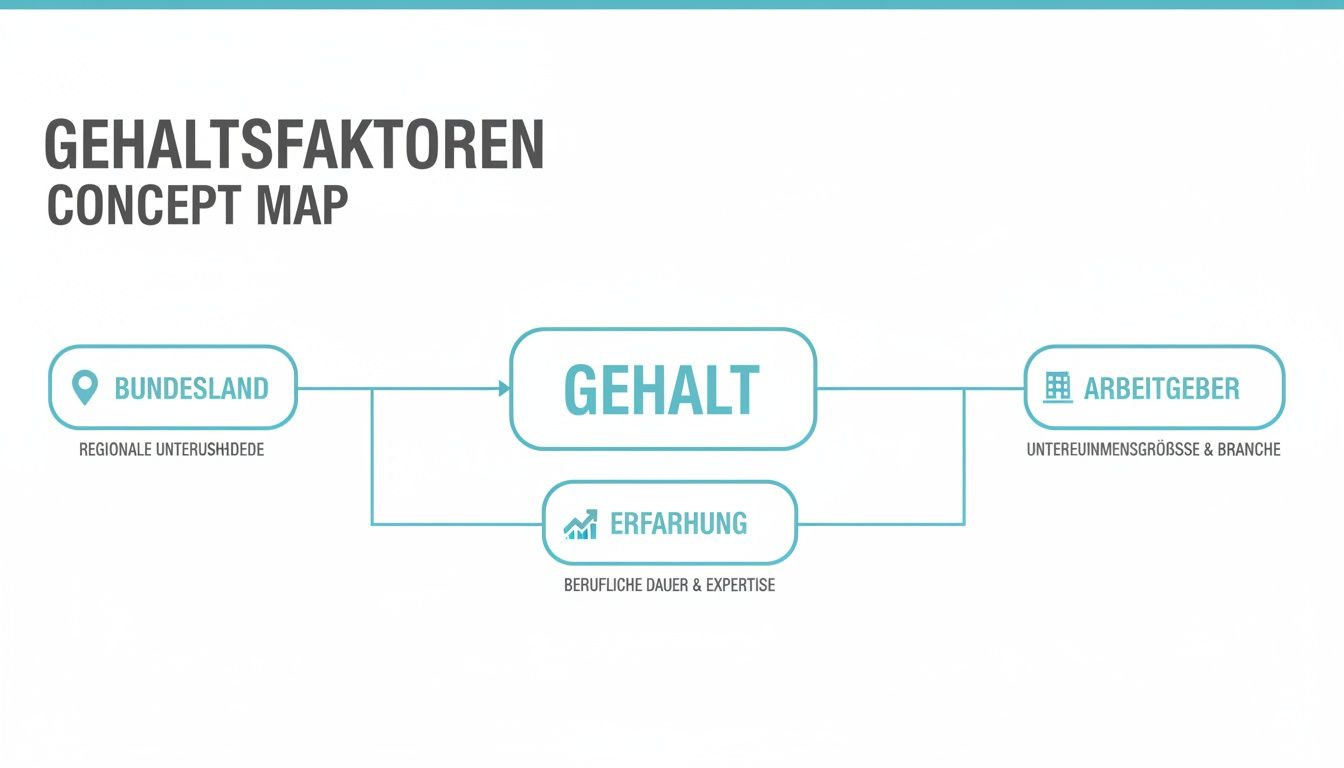 Konzeptkarte zu Gehaltsfaktoren, die Bundesland, Erfahrung und Arbeitgeber als Einflussfaktoren zeigt.