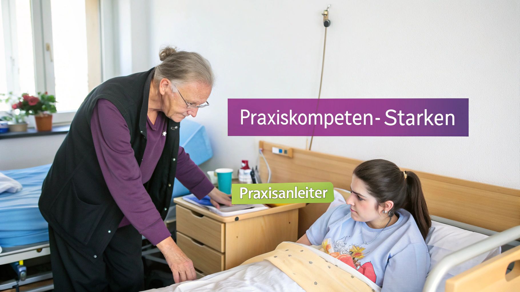 Praxisanleiterin schult junge Frau im Patientenzimmer, stärkt Praxiskompetenzen in der Pflege.
