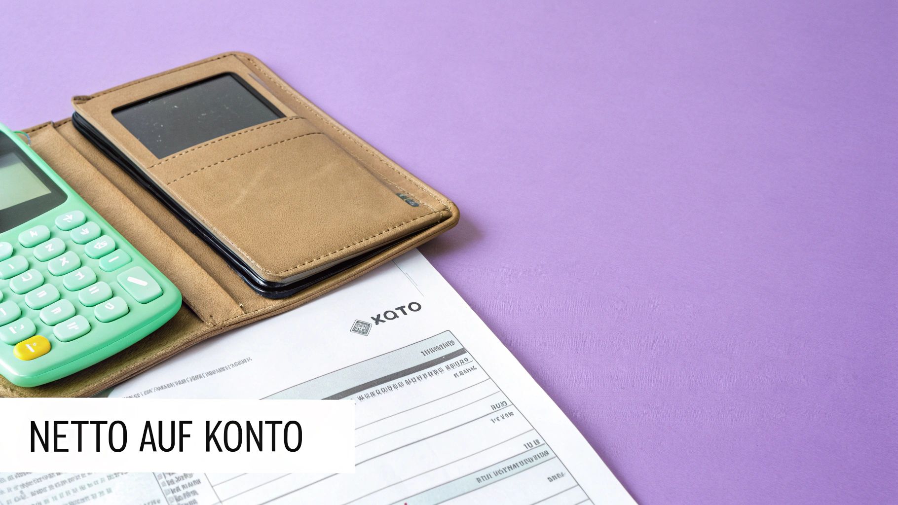 Taschenrechner, Geldbörse und Finanzdokument mit 'NETTO AUF KONTO' auf lila Hintergrund, ideal für Gehaltsabrechnung.