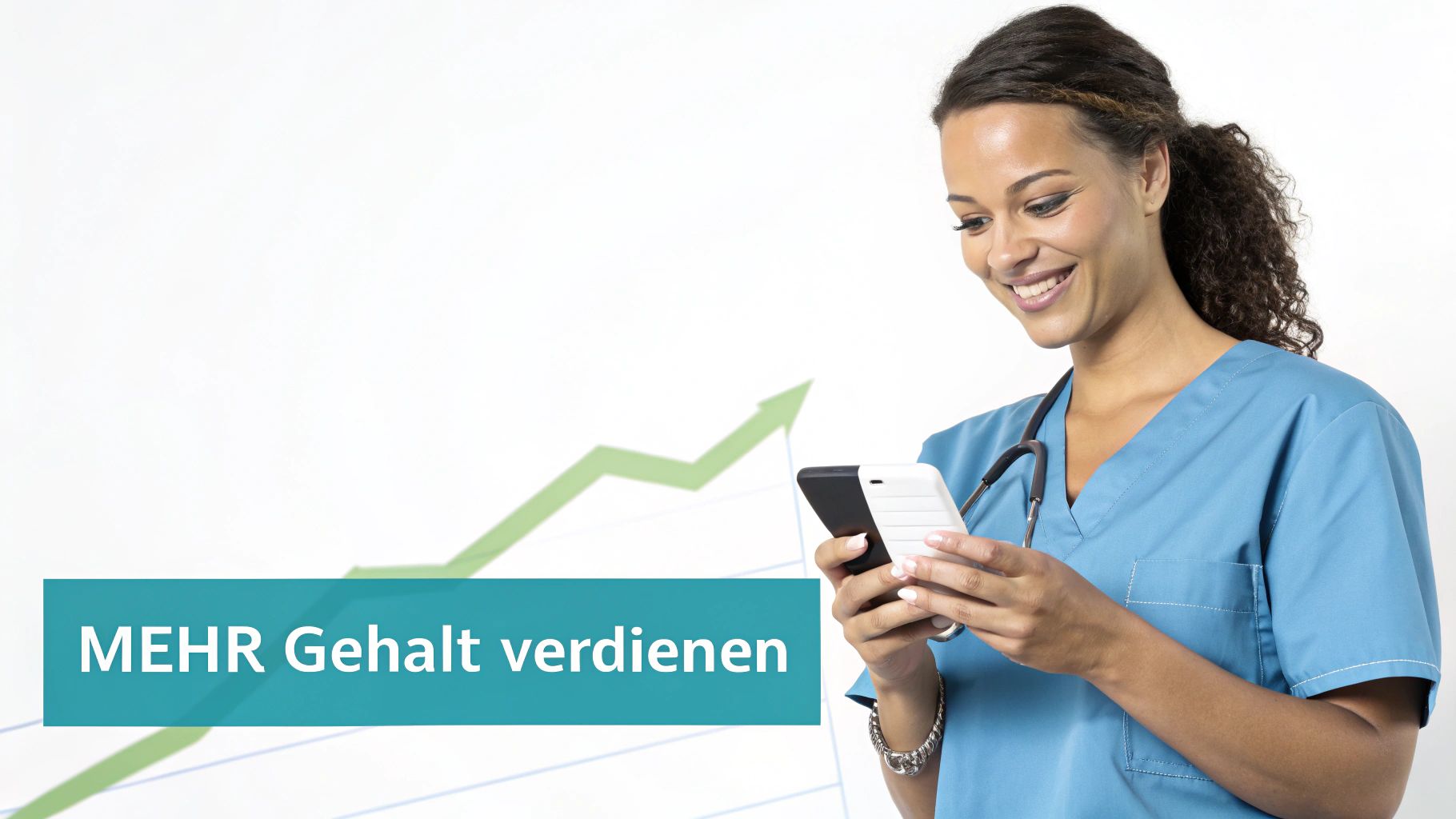 Eine lächelnde Krankenschwester in blauer Uniform schaut auf ihr Smartphone, im Hintergrund ein aufsteigender Gehaltsgraph.