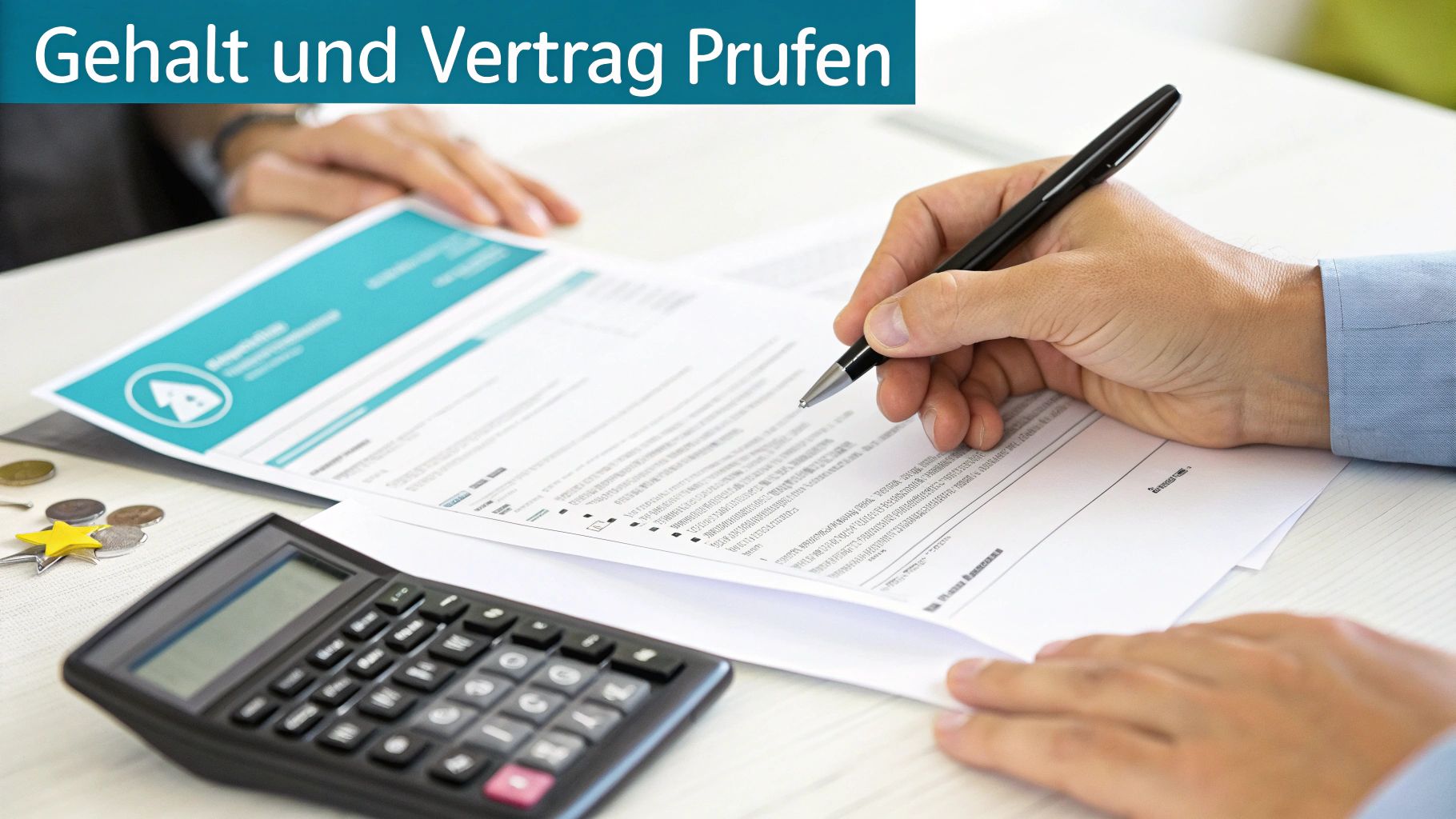 Hände prüfen einen Vertrag und Gehalt auf Dokumenten, mit Rechner und Münzen auf dem Tisch.