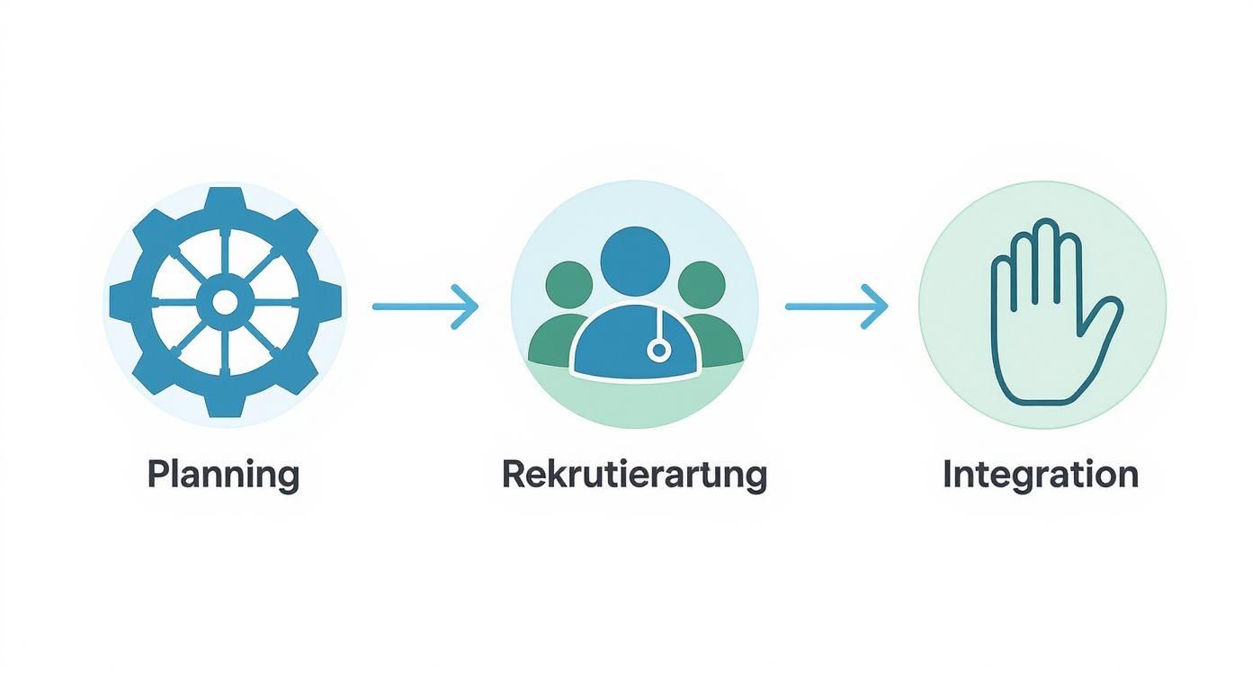 Drei-Phasen-Prozess zeigt Planung, Rekrutierung und Integration von internationalen Pflegekräften mit symbolischen Icons