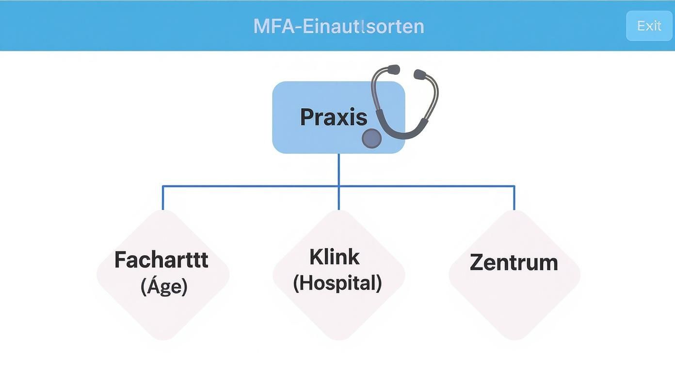 Ein Diagramm zeigt MFA-Einsatzbereiche: Praxis, Facharzt, Klinik (Krankenhaus) und Zentrum.