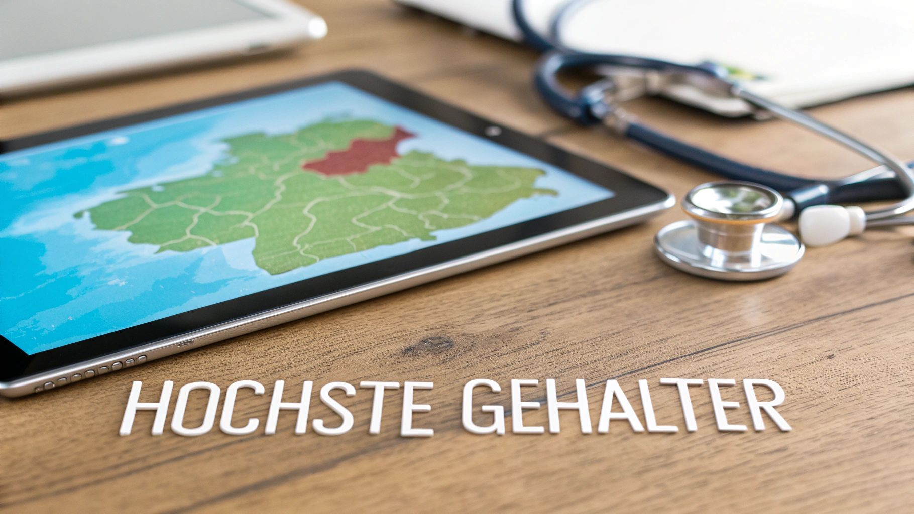 Ein Tablet zeigt eine Karte mit einer markierten Region, daneben ein Stethoskop und die Worte Höchste Gehälter.
