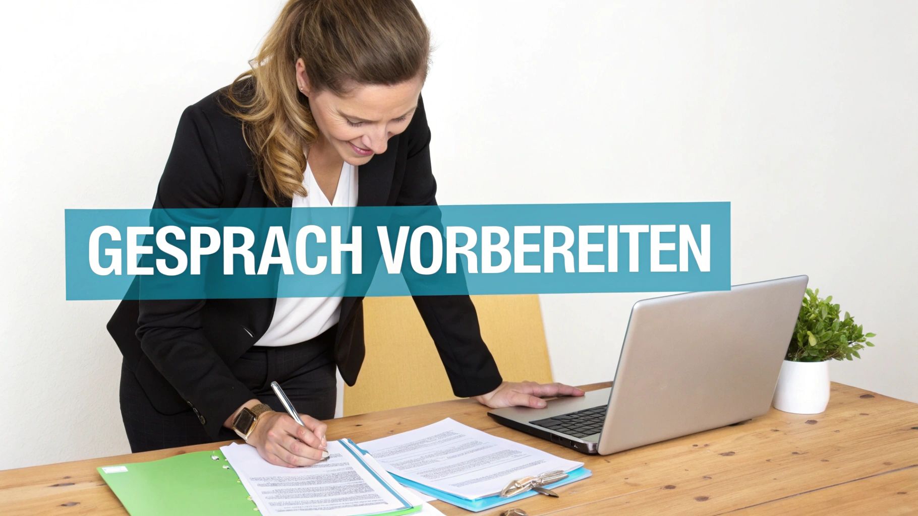 Geschäftsfrau bereitet wichtiges Gespräch am Laptop vor und macht sich Notizen am Schreibtisch