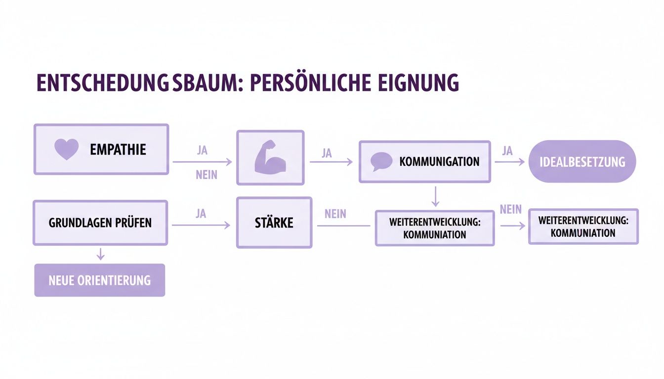Entscheidungsbaum zur persönlichen Eignung, der Empathie, Stärke, Kommunikation und Weiterentwicklungsschritte aufzeigt.
