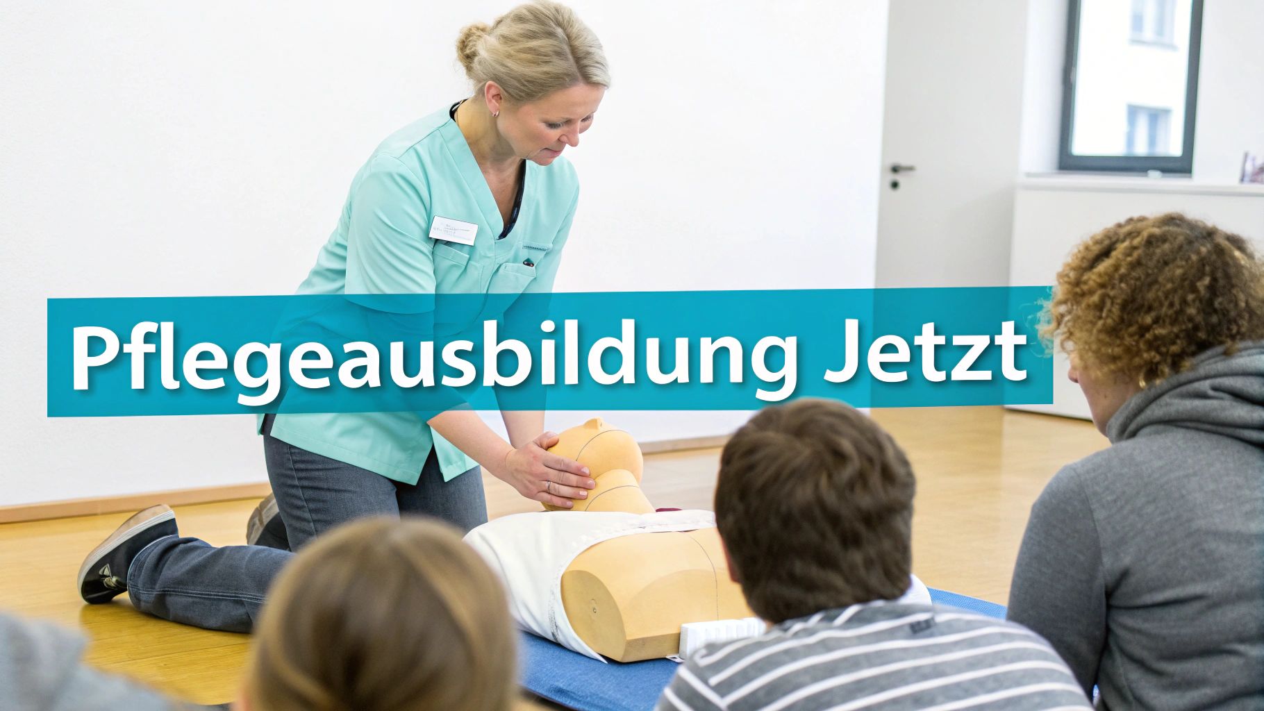 Pflegeausbildung mit Instruktorin, die Erste-Hilfe-Techniken an Übungspuppe vor Kursteilnehmern demonstriert